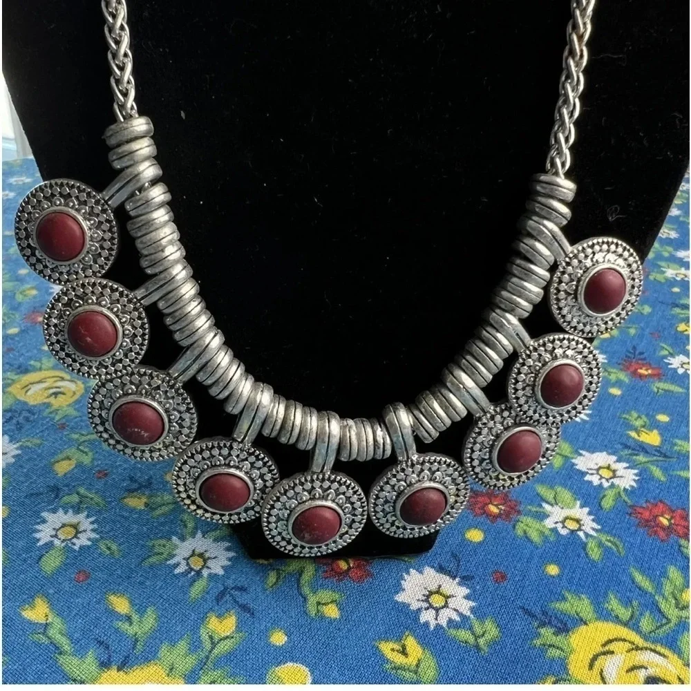 LUCKY BRAND Necklace 9 Silvertone Red Rhinestone Fringe Pendant Boho Gypsy Hipie